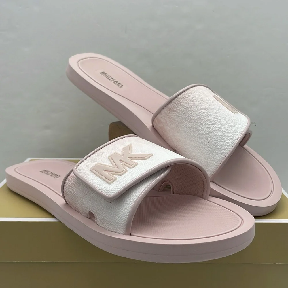 Michael Kors Slide Logo Sandals Palmer Ombré Signature Powder Blush Multi  NWT